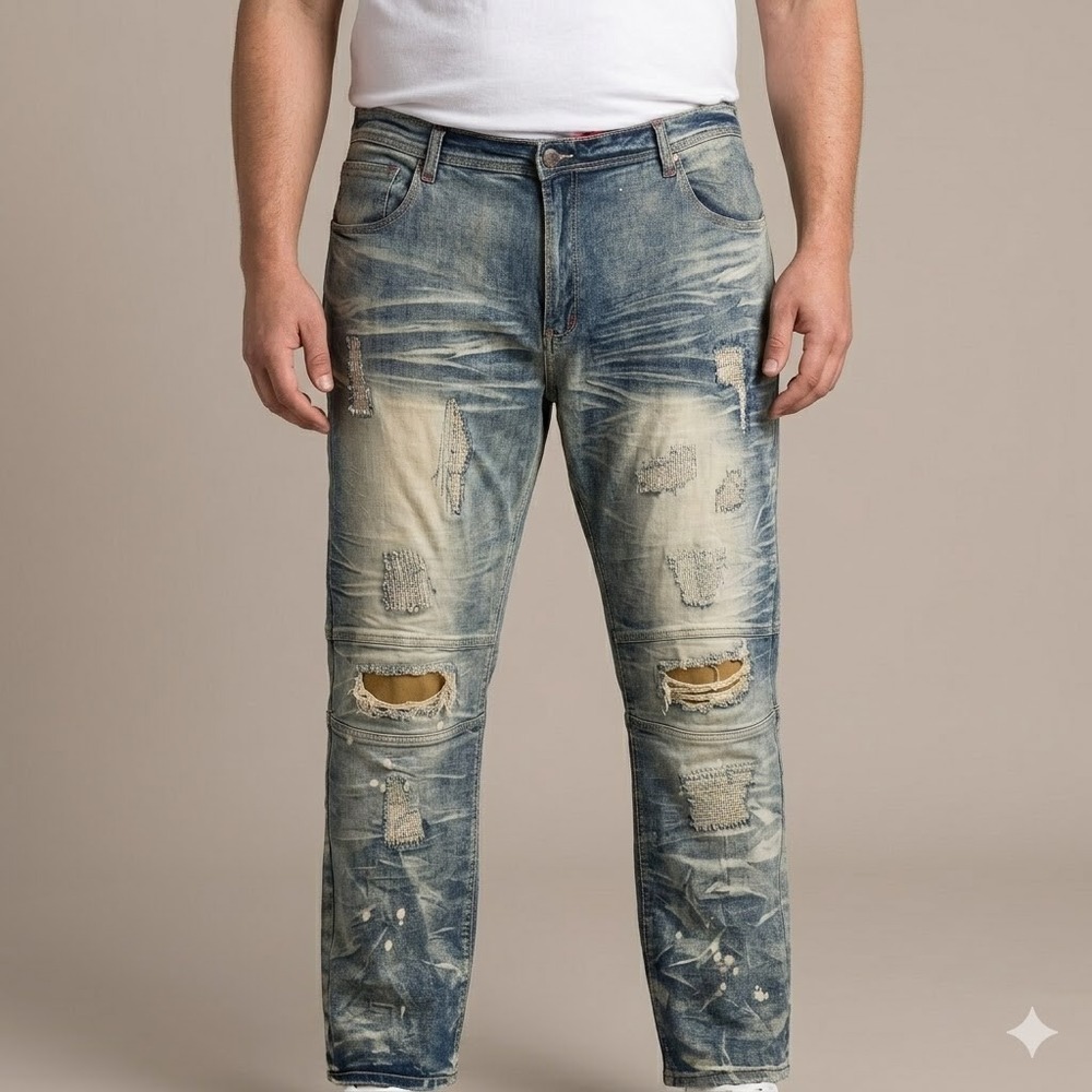 Makobi‎ Distressed Moto Jeans Bleach Splatter Patch 48x32 Blue